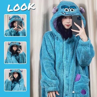 女士睡衣 Kigurumi 睡衣珊瑚絨睡衣冬季動物卡通怪物沙利文睡衣情侶保暖長袍睡衣
