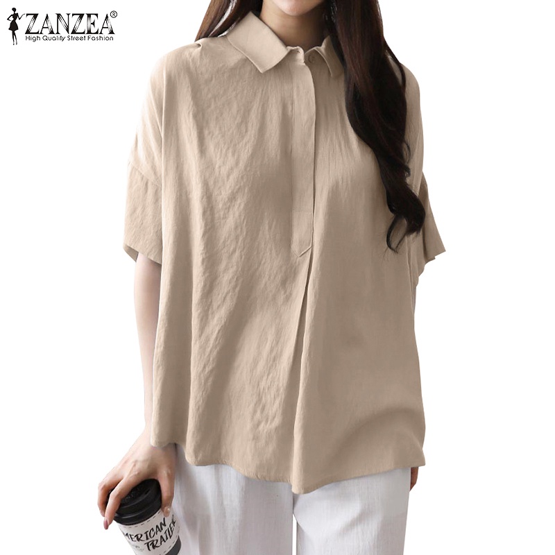 Zanzea 女式韓版休閒翻領短袖純色襯衫