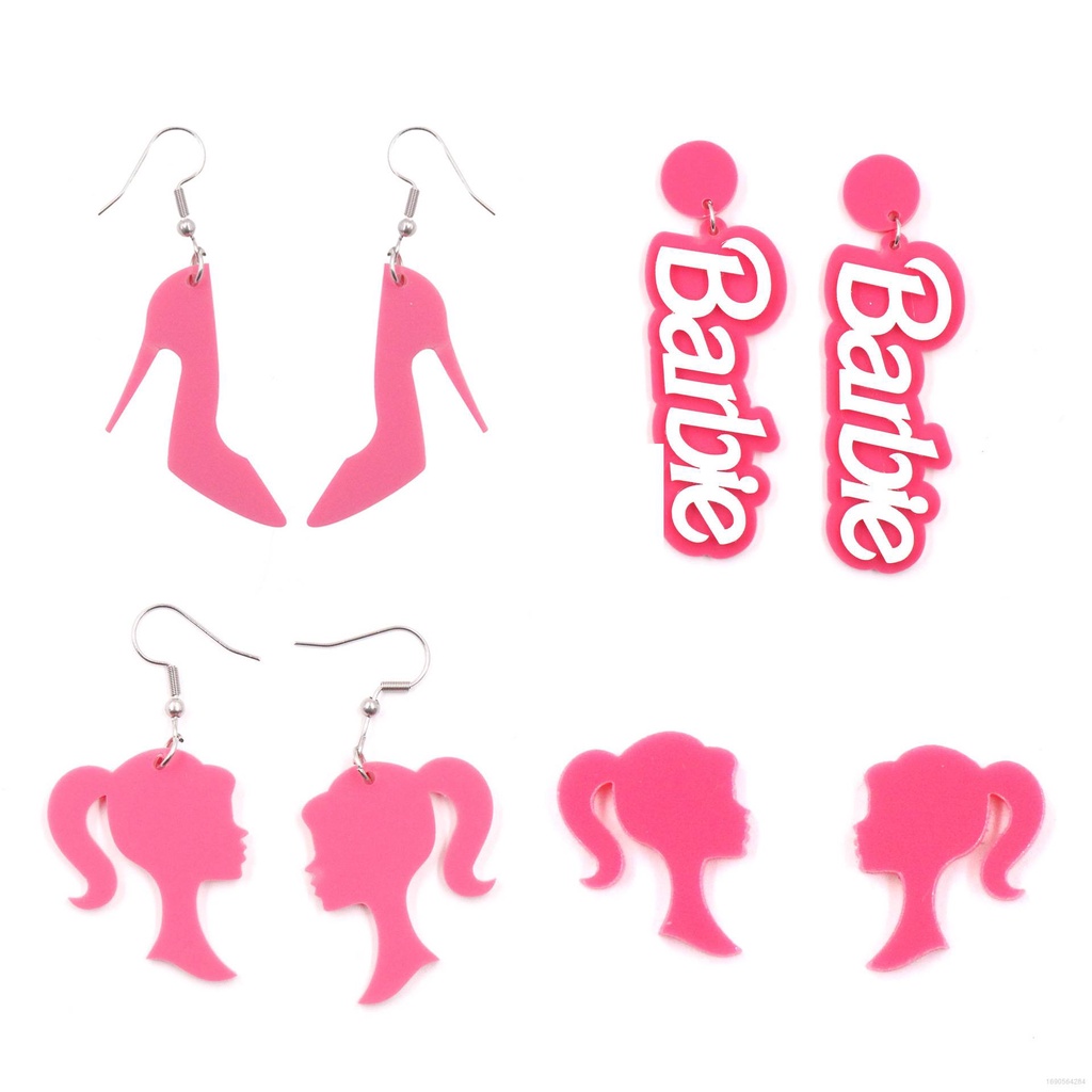 Yb3 芭比粉色耳環耳夾女字母亞克力角色扮演芭比首飾配件禮物女孩萬聖節德