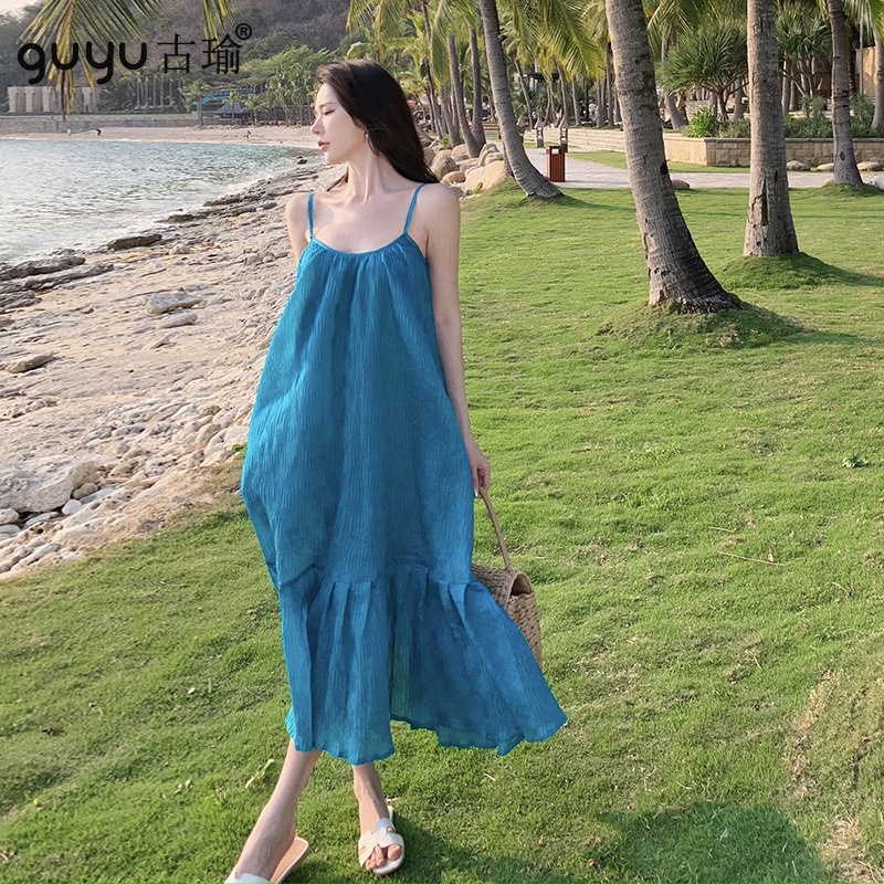 度假洋裝【快速出貨】2023新款夏季泰國旅遊峇釐島洋裝湖藍色細肩帶沙灘裙寬版海邊吊帶連身裙