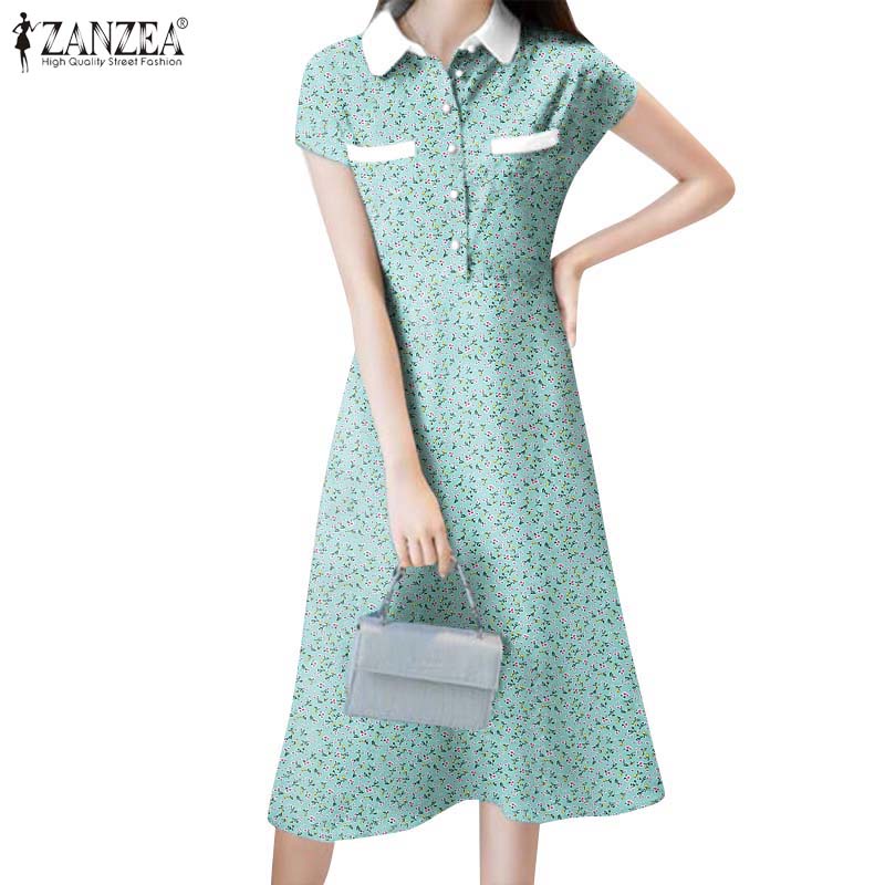 Zanzea 女式韓版時尚 Polo 短袖搭扣口袋束腰連衣裙
