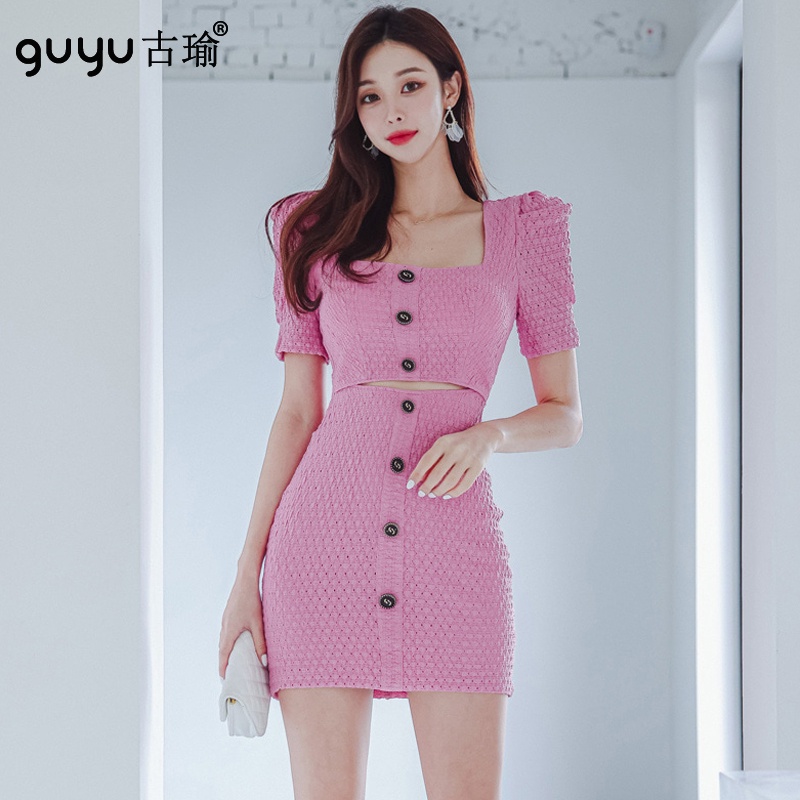 GUYU古瑜 洋裝韓【S-XL】2023新款夏季方領短袖合身露腰洋裝短版玫粉色單排扣包臀裙小禮服