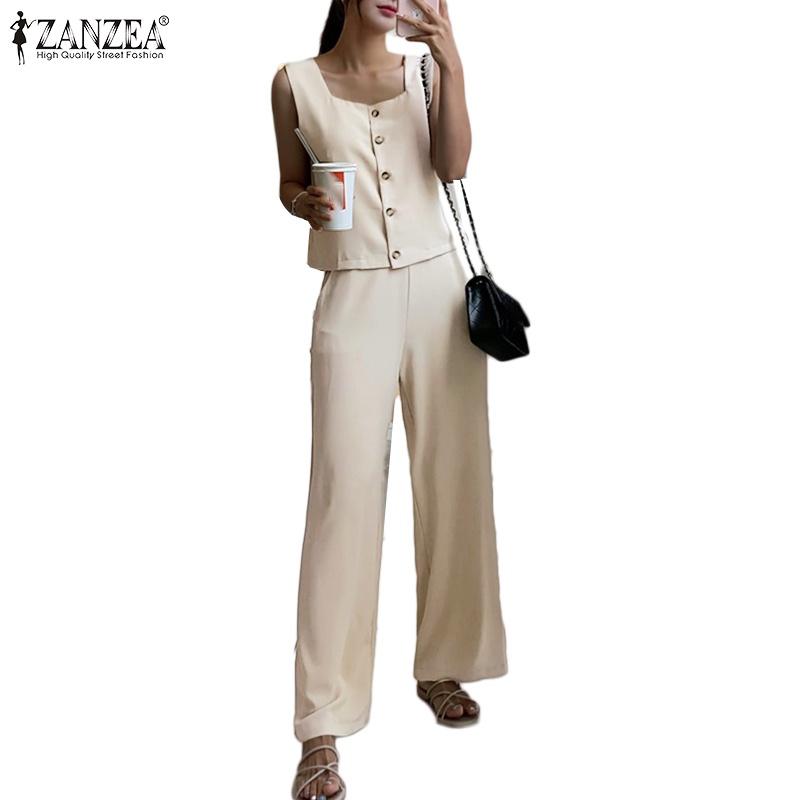 Zanzea 女士韓版休閒寬鬆無袖方領背心+長褲套裝