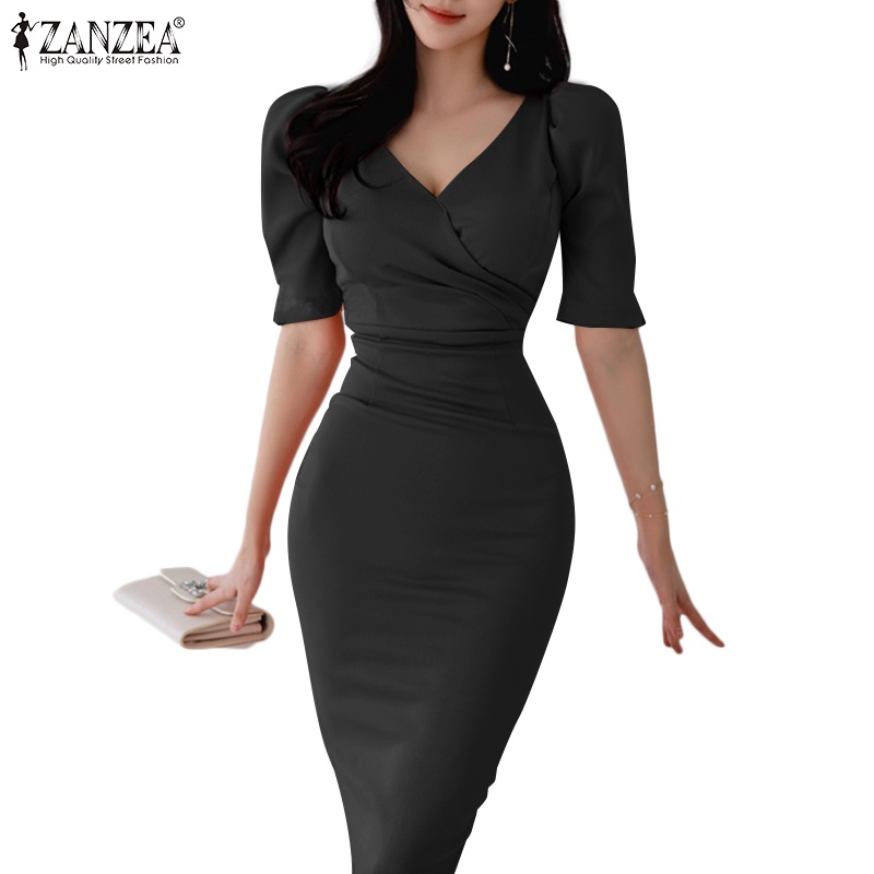 Zanzea 女式韓版優雅時尚 V 領短袖收腰裹臀連衣裙