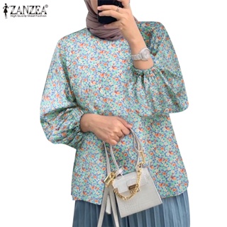 Zanzea 女士穆斯林日常休閒花卉印花燈籠袖圓領襯衫