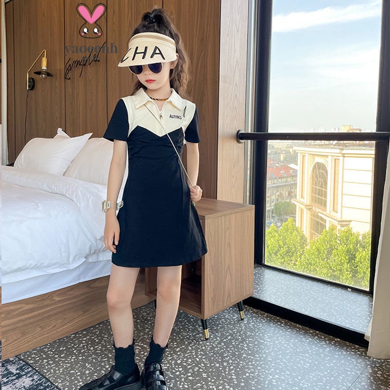 【YAOEENH】110-170CM 韓版女童洋裝 中大童洋氣拼色短袖氣質女孩裙子 現貨 快速出貨