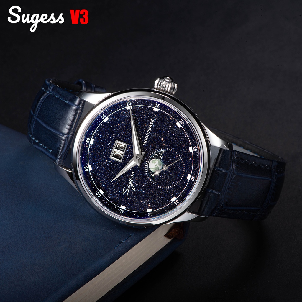 Sugess 月相男士手錶 40 毫米自動機械手錶海鷗 ST2528 機芯不銹鋼藍色砂岩錶盤