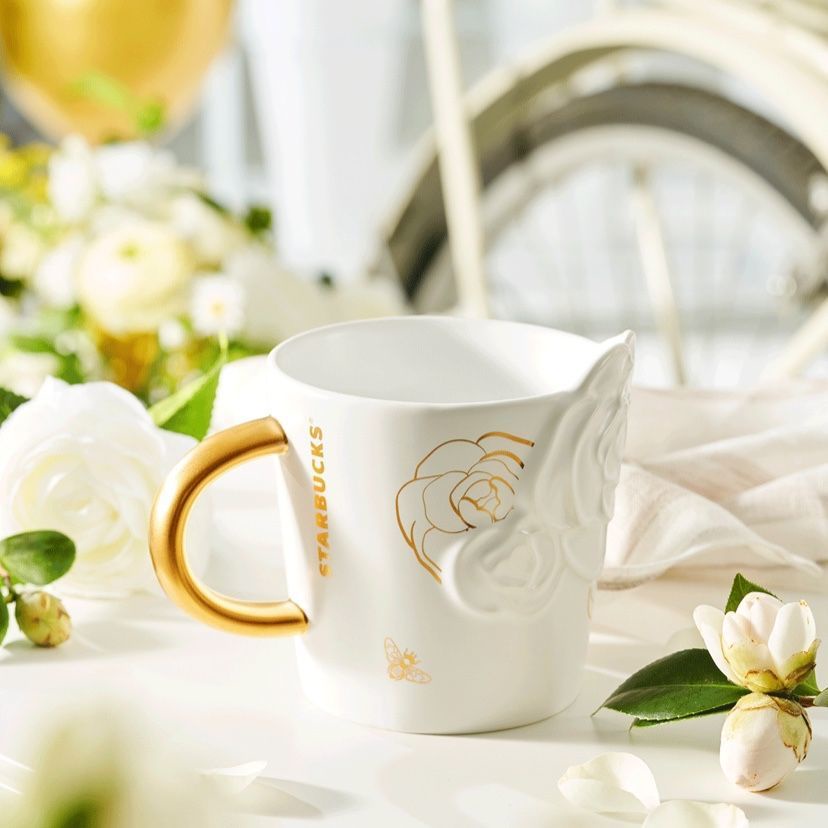 星巴克立體浮雕山茶花馬克杯 金把手白色浮雕咖啡水杯 辦公室水杯 優雅氣質咖啡杯