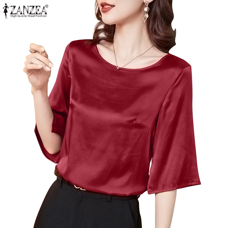 Zanzea 女式韓版半袖圓領純色緞面襯衫