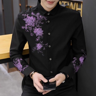 印花男士襯衫韓式長袖時尚修身休閒免燙商務彈力襯衫