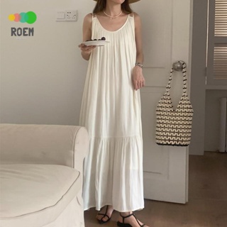 ROEV[氣質女神]韓國chic夏季法式優雅高級感圓領設計感露背無袖吊帶洋裝洋裝長裙女