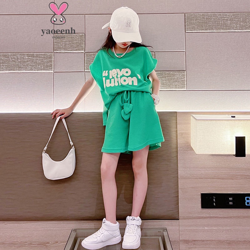 【YAOEENH】110-170CM 韓版女童運動休閒套裝 中大童字母無袖短褲兩件套 現貨 快速出貨