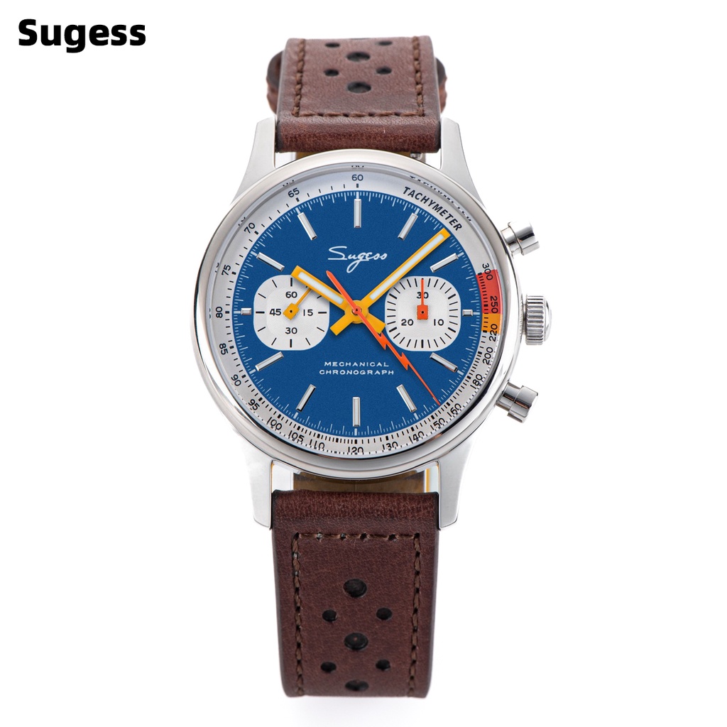 Sugess 手錶男士 1963 年飛行員計時碼表機械手錶海鷗 ST19 機芯天鵝頸藍寶石水晶賽車皮革