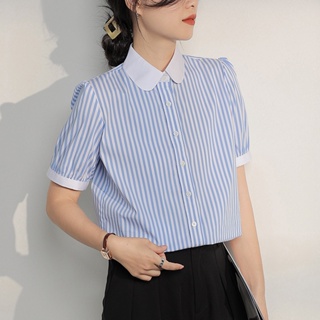 法式氣質優雅復古藍色直條紋襯衫女 夏季泡泡袖高級感時尚OL短袖襯衫