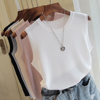 【🍒櫻桃大尺碼】L-4XL 大尺碼新款圓領背心女百搭冰絲背心春夏季薄款內搭無袖針織純色外穿上衣
