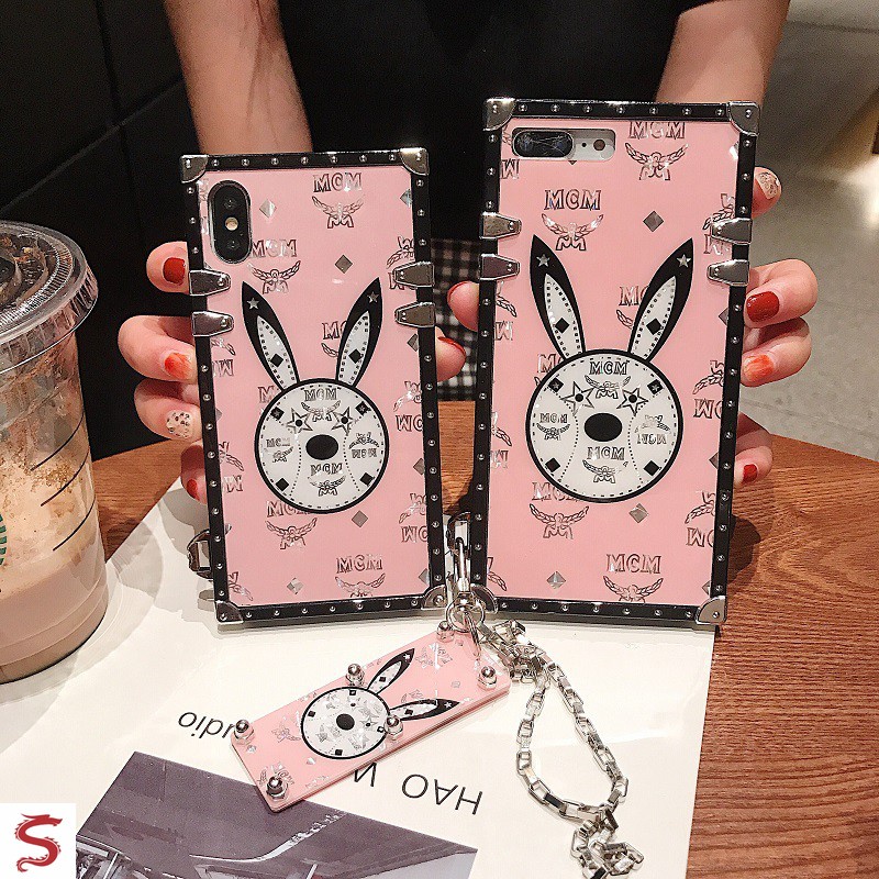適用於 Samsung S24 Ultra S23 S22 S21 S10+ Note20奢華時尚粉紅兔子方形手機殼保護