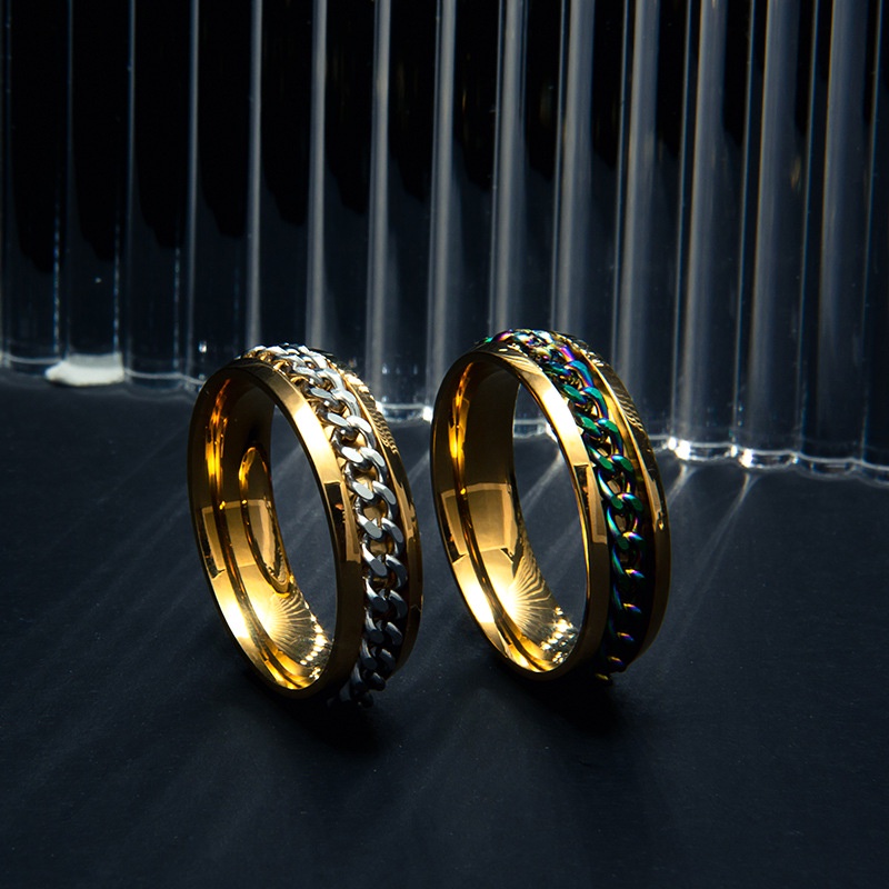 全新6mm不銹鋼鍍金鍊條可轉動戒指,復古風格鈦鋼男女轉動戒指。