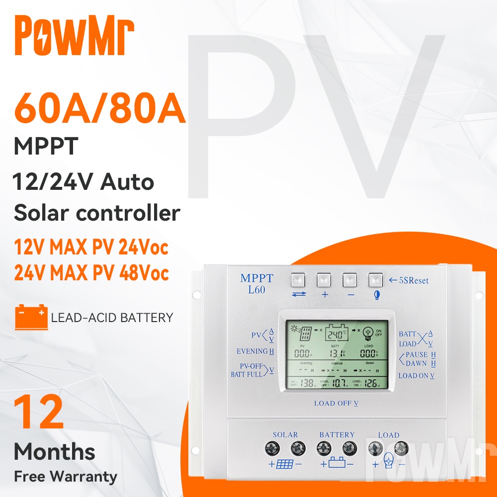PowMr MPPT 60A/80A 太陽能充電控制器12/24V 自動識別帶LCD背光顯示器光伏最大輸入50Voc