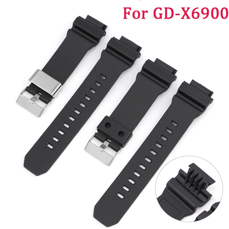 適用於卡西歐g-shock GD-X6900黑色特殊接口TPU橡膠錶帶金屬環扣可選