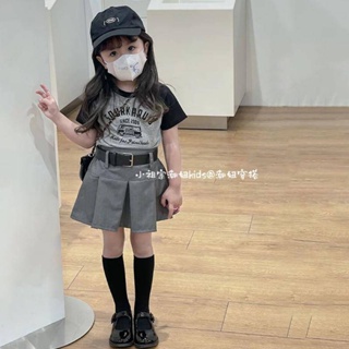 韓國童裝女童字母印花短袖T恤洋氣半身裙兩件套女童拼色短款上衣