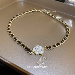 鑲鑽數字珍珠花朵皮革纏繞項鍊 法式復古高級感鎖骨鏈時尚氣質項飾