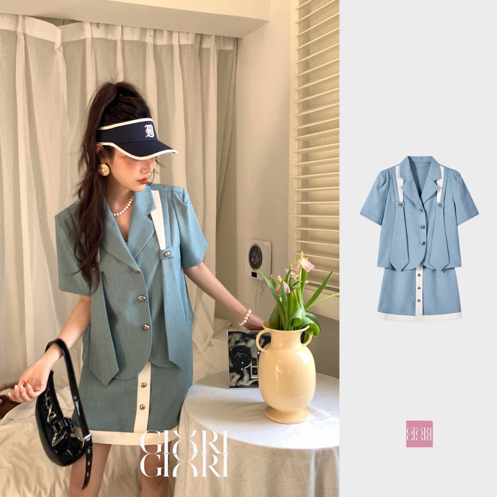 IRIS BOUTIQUE 泰國製造 GIRI&GIR系列 夏季新品 西野暮色 藍色西裝半身裙套裝