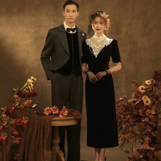 ♗Pleuche Costume 復古中式旗袍蕾絲赫本黑色連衣裙 MZ324