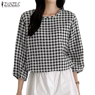 Zanzea 女式韓版日常格子圓領泡泡袖 3/4 袖襯衫