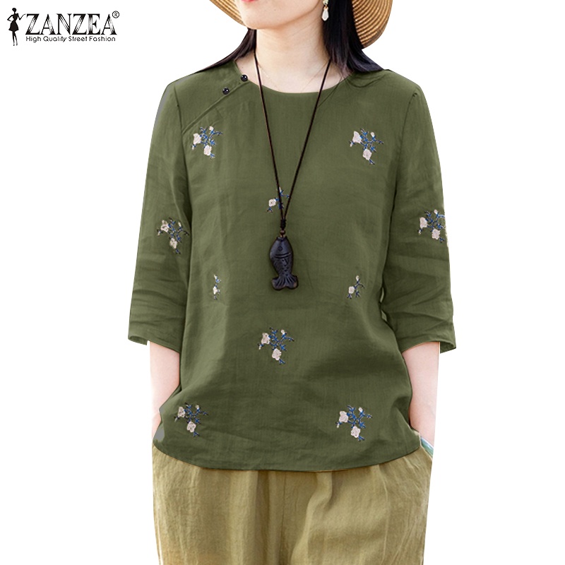 Zanzea 女式韓式中式 3/4 袖圓領棉麻刺繡襯衫