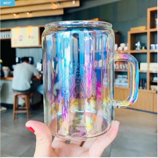 星巴克韓國漸變鐳射馬克杯 極光玻璃飲料杯 700ml大容量咖啡耐高溫透明玻璃杯