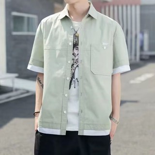 男士假兩件短袖襯衫 潮流拼接工裝外套夏季韓版青少年帥氣休閒襯衫（GA708）【壹號站】
