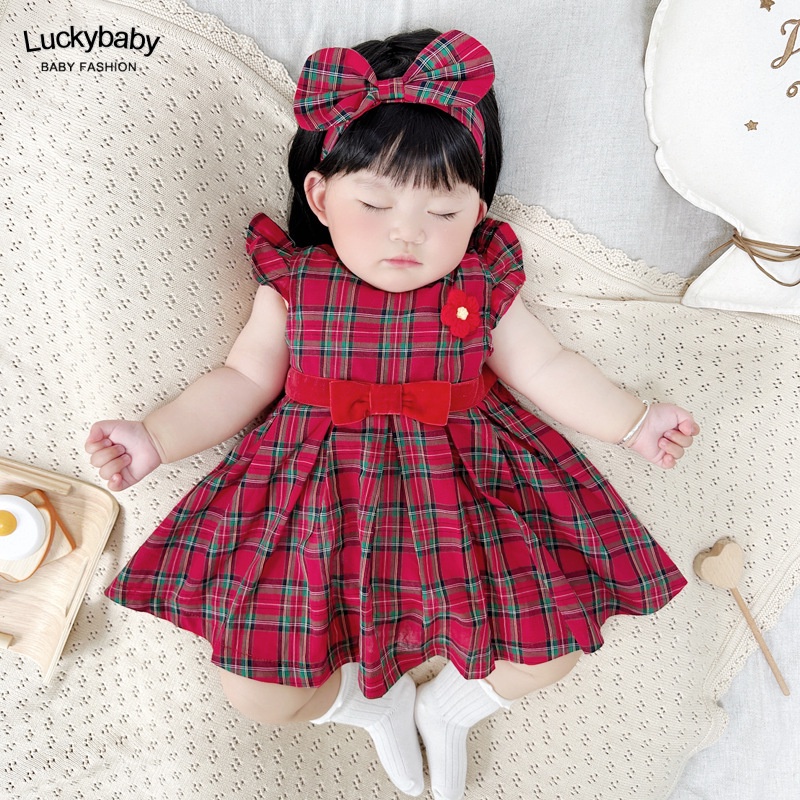 女童洋裝 + 髮帶 純棉 寶寶夏天衣服 女寶無袖洋裝  ins風 紅格子 英倫風 週歲洋裝 嬰兒裙子 嬰兒洋裝 #194
