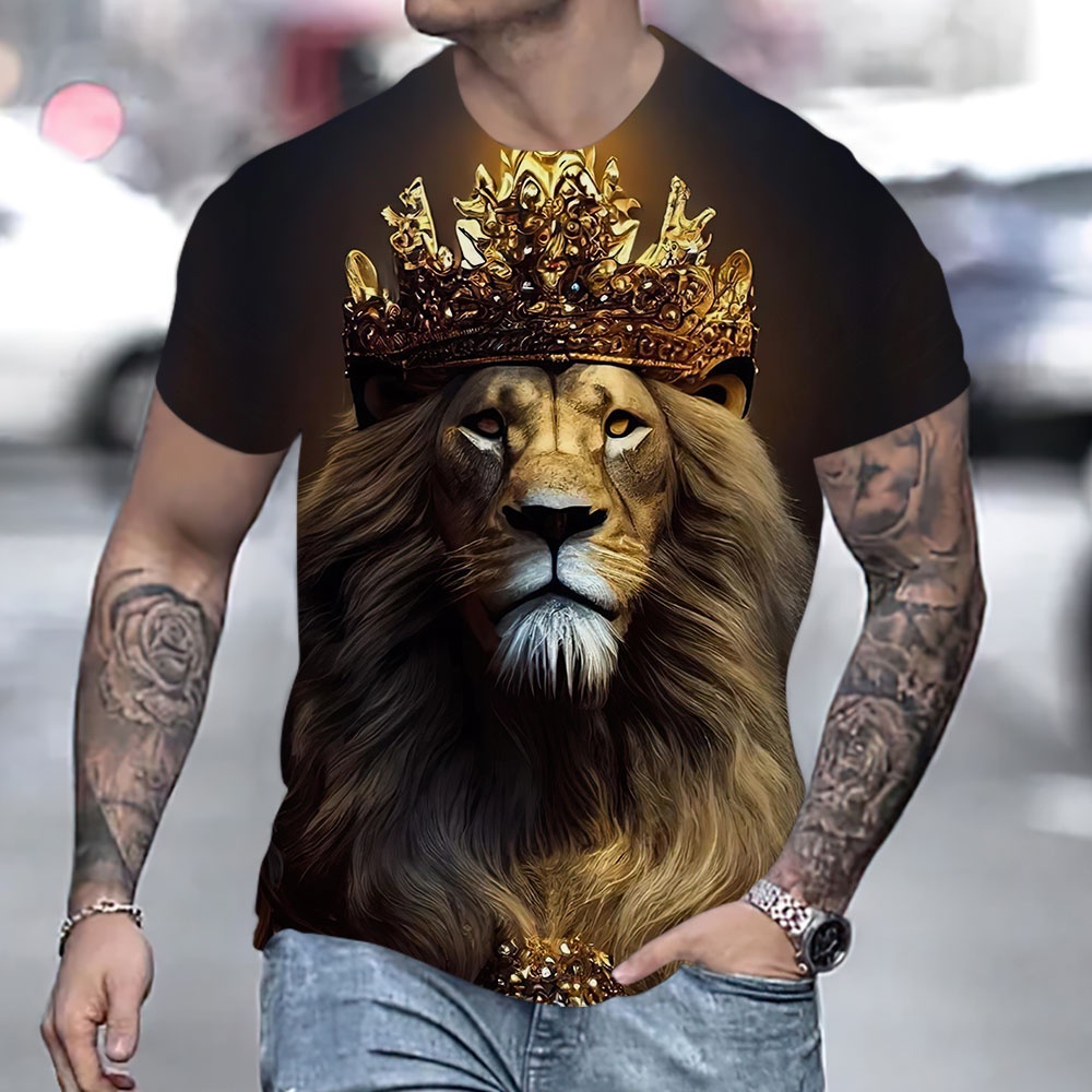 夏季男士圓領獅子頭印花t恤3d趣味創意上衣獅子印花超大號男士短袖t恤男裝