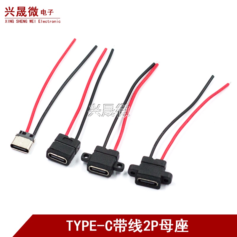 【帶線】TYPE-C 2P防水母座帶引線 焊線式USB帶固定螺絲孔雙面充電插座