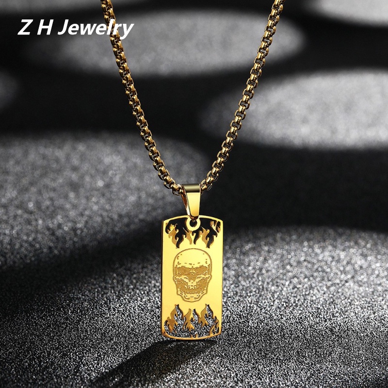 Zh Jewelry 嘻哈搖滾男士時尚不銹鋼鬼火骷髏頭吊墜項鍊摩托車派對飾品發貨