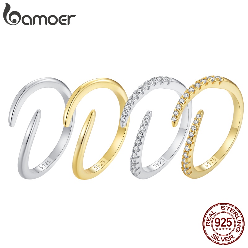 Bamoer 簡單開口戒指,帶鋯石和光滑的時尚首飾,適合女士禮物