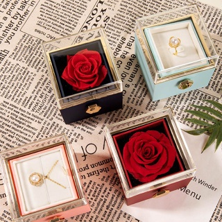 創意旋轉情人節永生花盒玫瑰首飾盒戒指項鍊盒首飾包裝盒