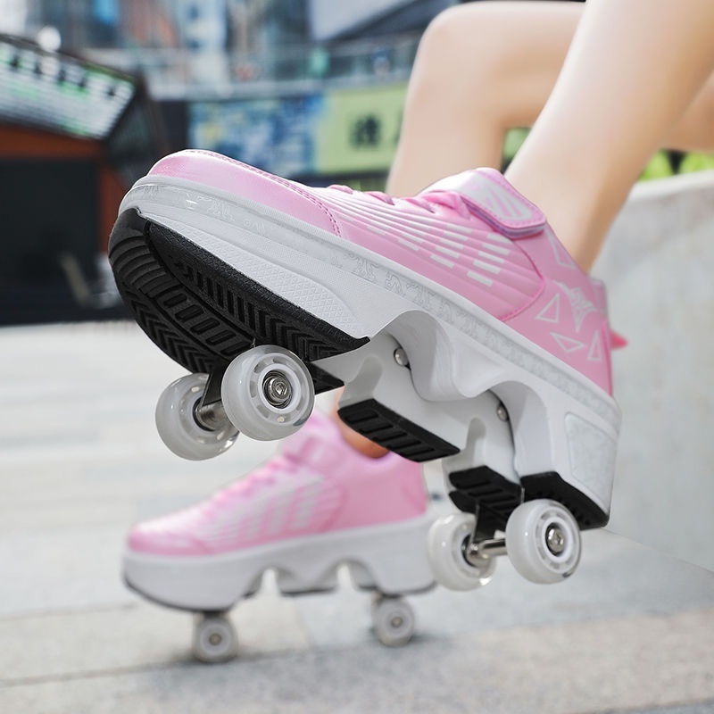 新款升級增強輪狂暴輪鞋溜冰四輪伸縮輪溜冰鞋變形男童隱形兒童成人雙排輪女