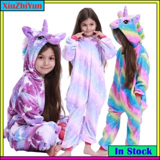 兒童冬季獨角獸縫線卡通睡衣兒童女孩男孩 Kigurumi 動物連體衣連身衣
