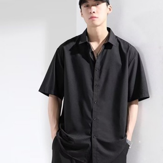 男士街頭嘻哈流行款式韓國休閒襯衫純色超大垂墜襯衫