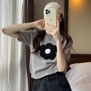 【ELLAS】高階感上衣 立體花朵針織衫短袖T恤上衣女春秋夏新款寬鬆慵懶風軟糯圓領毛衣
