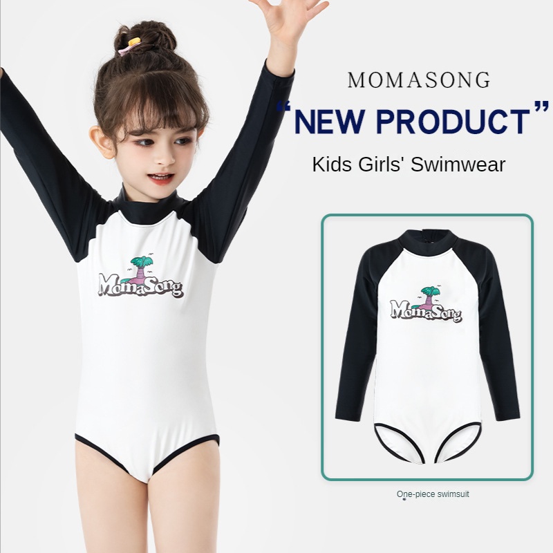 Momasong 女童泳衣 UPF50+長袖連身泳衣 防晒速乾訓練泳裝 黑白套裝