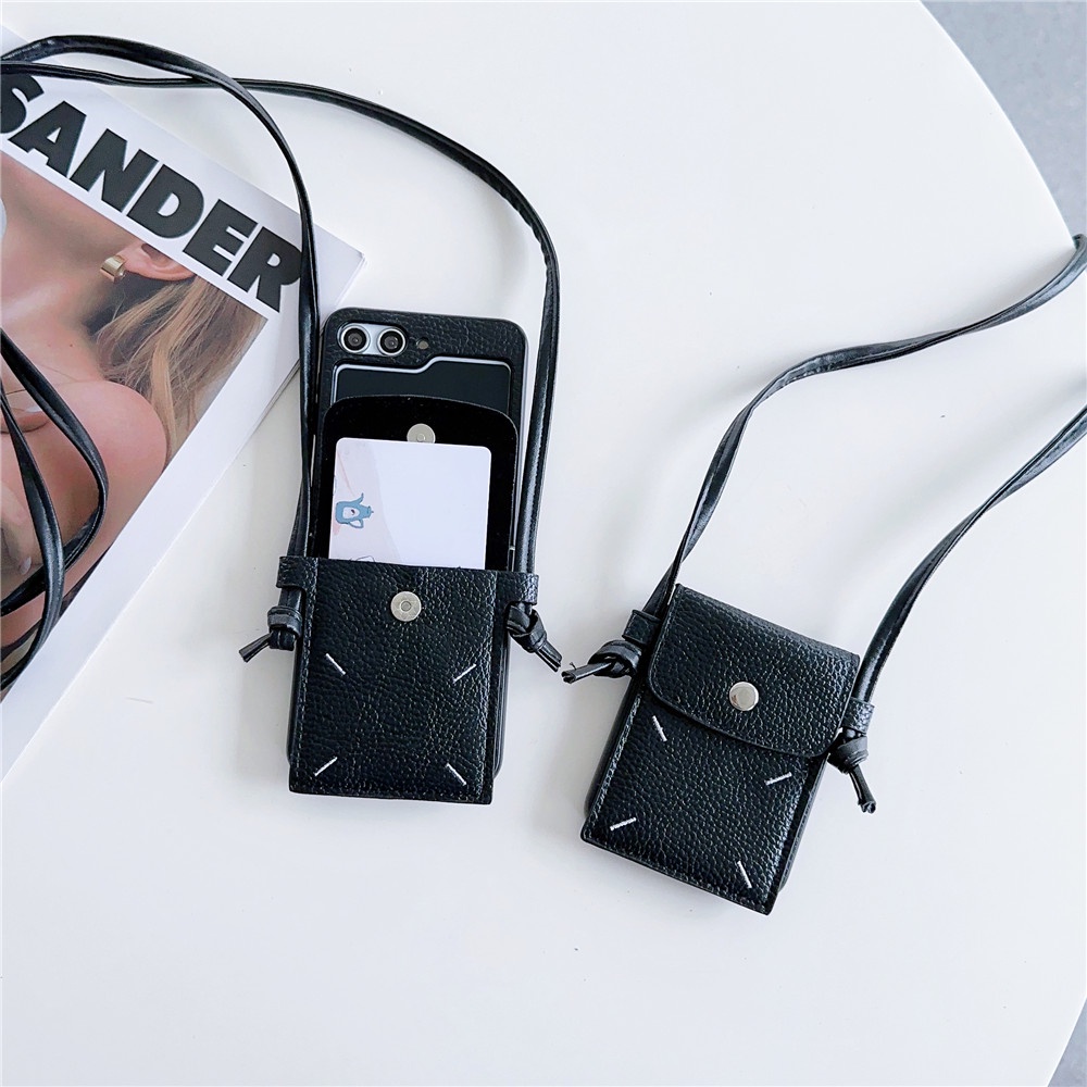 SAMSUNG 錢包斜挎掛繩手機殼適用於三星 Galaxy Z Flip 5 Flip5 ZFlip5 5G 卡夾皮革防