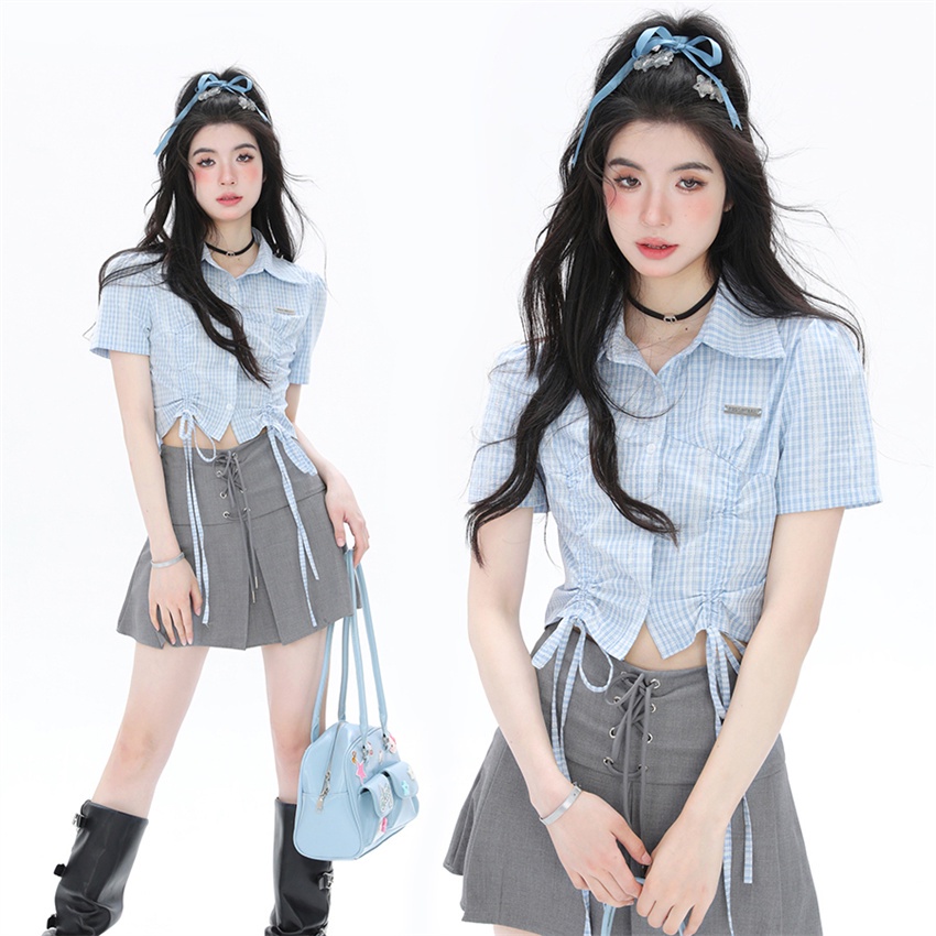 韓系女版緊身顯瘦短版藍色格子抽繩短袖襯衫