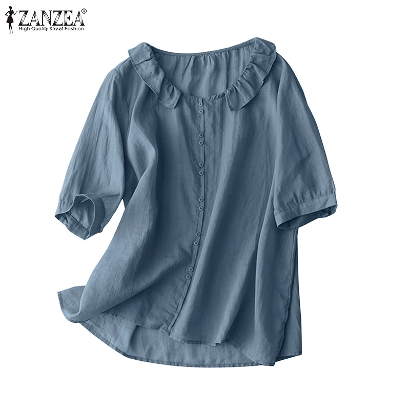 Zanzea 女式韓版領口荷葉邊半袖純色棉麻襯衫