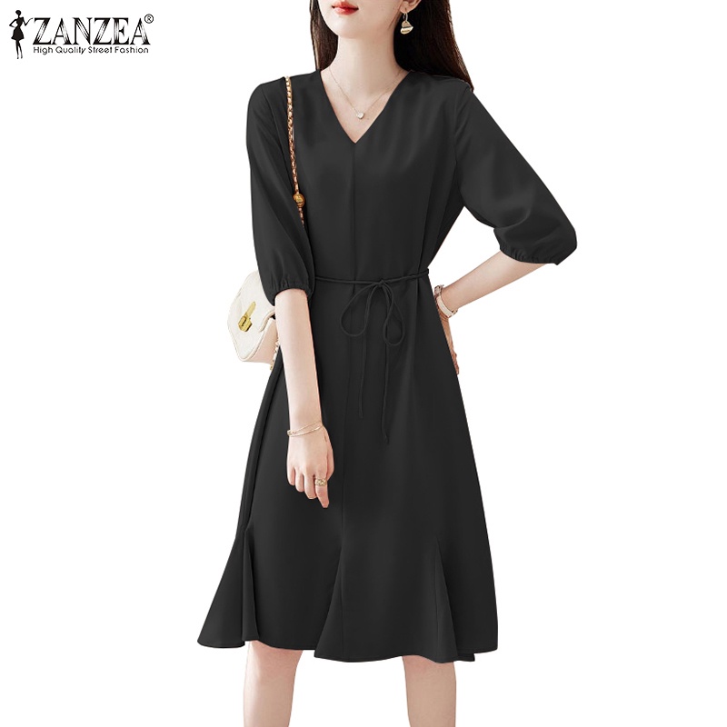 Zanzea 女式韓版泡泡袖半袖 V 領束腰抽繩連衣裙