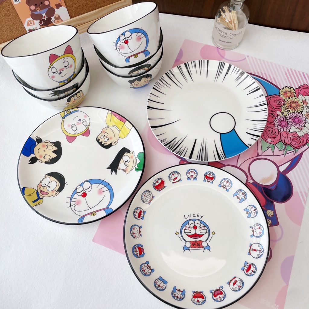 盤子哆啦A夢餐具餐盤可愛卡通機器貓陶瓷飯碗圓盤網紅ins風家用菜盤新