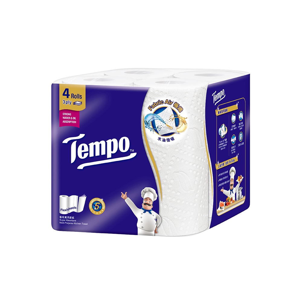 Tempo極吸萬用3層捲筒廚房紙巾4捲x4袋