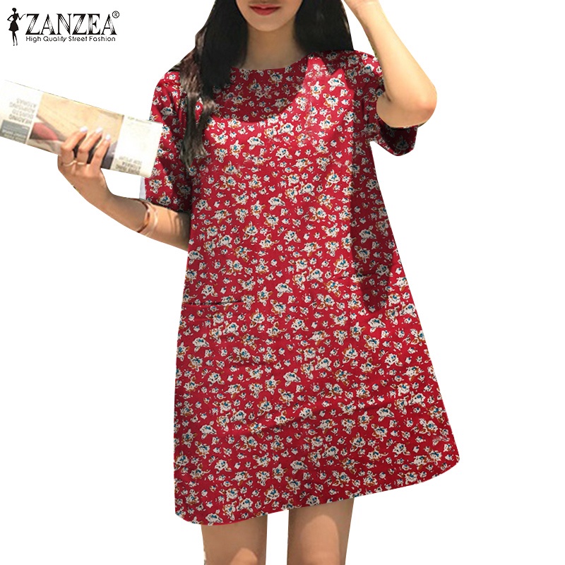 Zanzea 女式韓版短袖側袋 H 形棉麻印花連衣裙