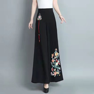 高腰雪紡褲垂墜感寬褲長褲民族風重工刺繡花氣質女褲
